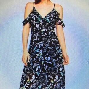 NWT$118 BCBG Generation Floral Ruffle V Neck Open Shoulder Maxi Dress Sz 4
